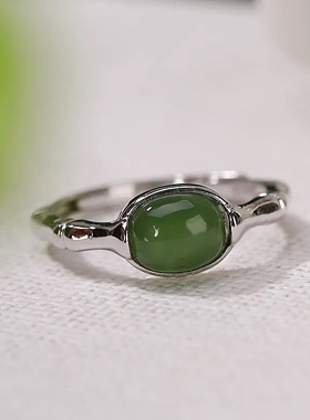 中国风竹节戒指女镀银仿和田碧玉指环小众设计高级感活口国潮饰品