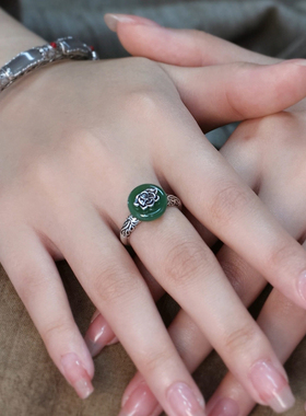 复古好运莲莲戒指女士新中式民族风高级感小众碧玉平安扣开口指环