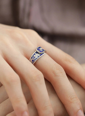 复古青花瓷花朵戒指女新中式烧蓝开口可调节食指戒小众高级感指环