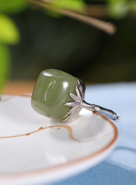 国风饰品 镀银仿和田青玉戒指女复古大气竹节开口指环民族风