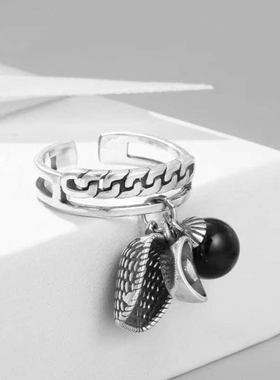 复古招财戒指女古风簸箕元宝黑珠时尚个性民族风文艺开口勤劳指环