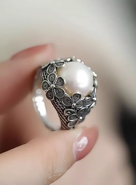 花丝镶嵌戒指女复古做旧国潮花朵气质文艺范轻奢高级感开口食指环