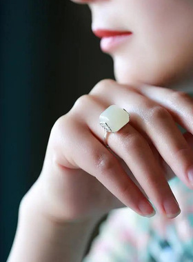 复古祥云如意戒指女中国民族古风开口可调节仿和田玉指环饰品