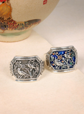 中国风梅花喜鹊宽版戒指女开口可调节国潮复古民族风珐琅工艺指环