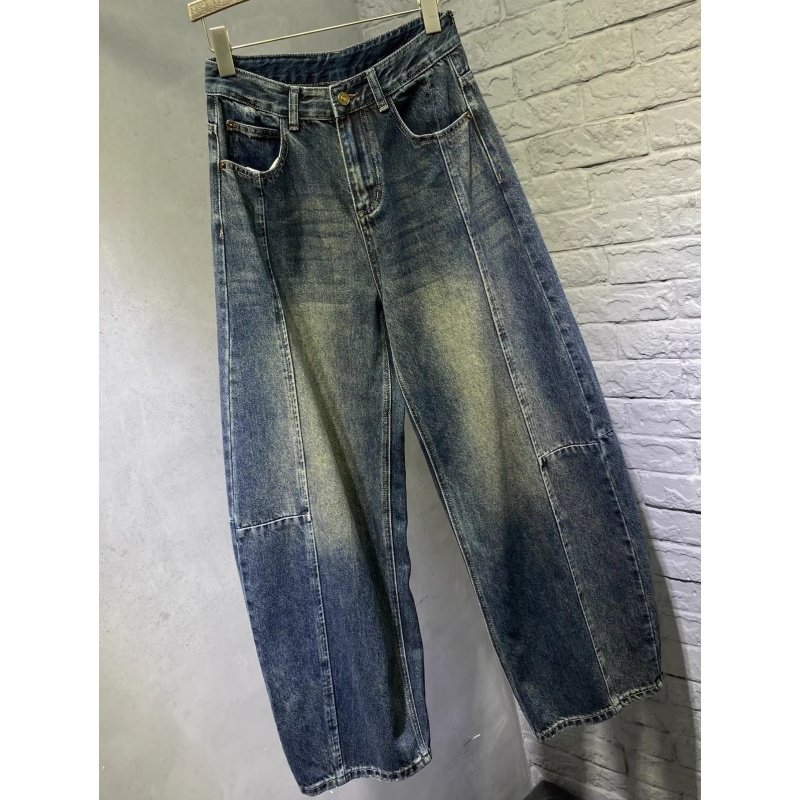 清仓尾货~专柜尾货拼接宽松弯刀牛仔裤女百搭复古显瘦显高阔腿裤,淘宝优惠券,粉丝福利购,淘宝优惠卷