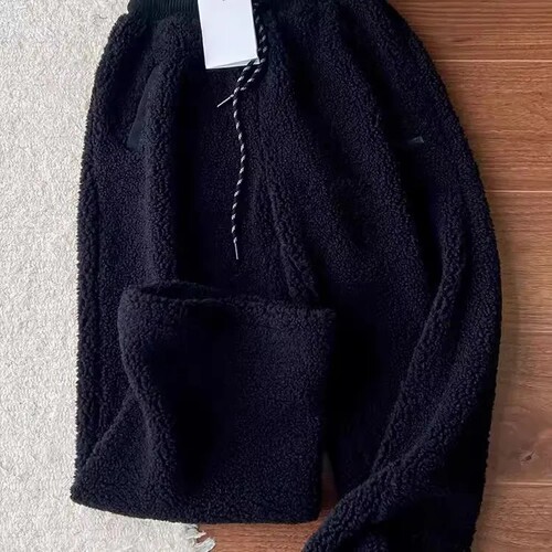 清仓尾货~专柜尾货黑色摇粒绒休闲束脚裤子韩系小众羊羔阔腿裤子 - 图1