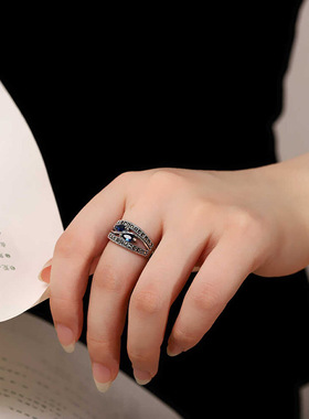 新款蓝戒指女开口镶嵌马克赛石指