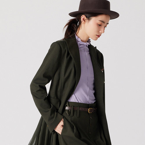 D-HARRY/迪哈利春秋新款墨绿色人字纹拼纱长外套DH241A96896D - 图1