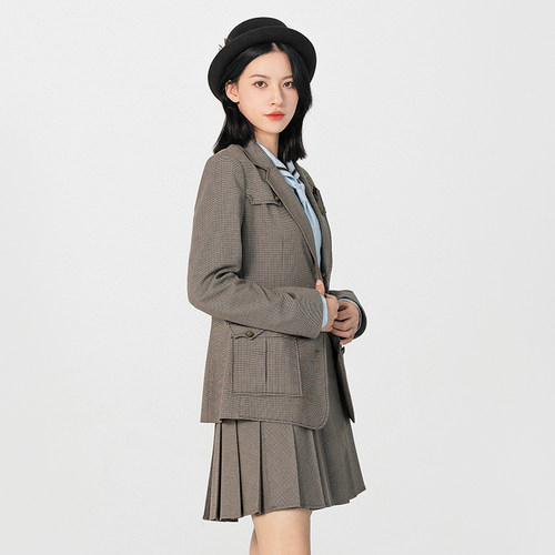 D-HARRY/迪哈利复古咖色细格上衣西装女百搭长款外套DH231A95865D - 图0