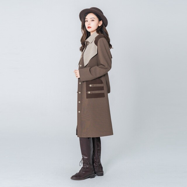 D-HARRY/迪哈利早不对称格纹色长款风衣大衣女DH223A95517D