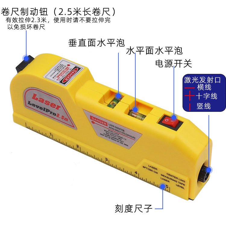 多功能激光红外线三合一水平仪水卷尺迷你十字线投器装修测量工具