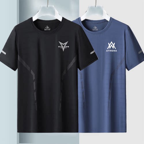 夏季冰丝t恤男圆领速干衣短袖薄款透气半袖大码上衣男运动宽松潮 - 图1
