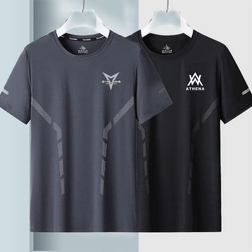 夏季冰丝t恤男圆领速干衣短袖薄款透气半袖大码上衣男运动宽松潮 - 图0