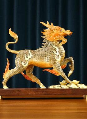 黄铜麒麟摆件一对瑞兽新中式家居客厅玄关办公室装饰品摆设礼品