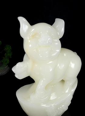 天然汉白玉发财猪摆件纯手工雕刻十二生肖猪办公室客厅招财装饰品