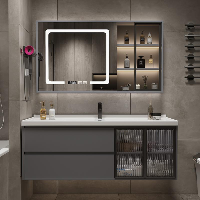 现代简约智能浴室柜玻璃门化妆室洗手盆实木洗脸盆陶瓷一体盆组合 - 图0