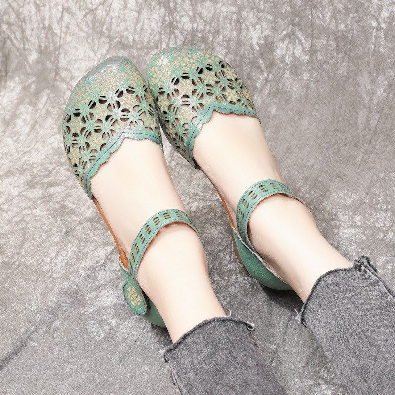夏季新款包头凉鞋女百搭一字扣中空圆头中跟粗跟小皮鞋镂空妈妈鞋,淘宝优惠券,粉丝福利购,淘宝优惠卷