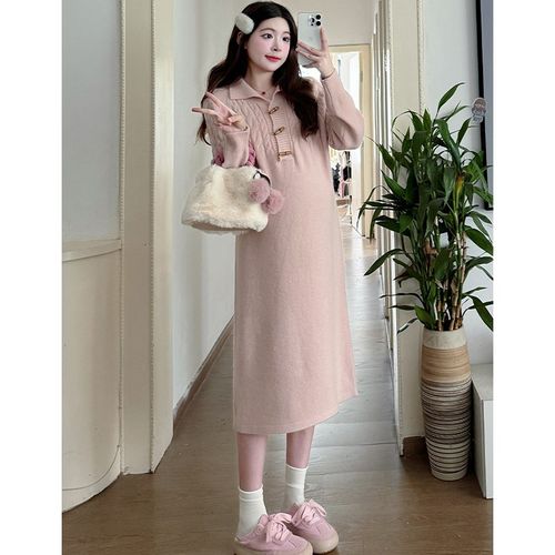 孕妇连衣裙秋冬粉色翻领麻花中长款慵懒风2024新款内搭打底毛衣裙 - 图0