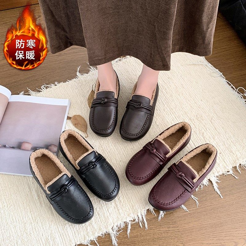 防水妈妈小棉鞋女冬季加绒保暖老人皮鞋一脚蹬防滑奶奶豆豆鞋皮面,淘宝优惠券,粉丝福利购,淘宝优惠卷