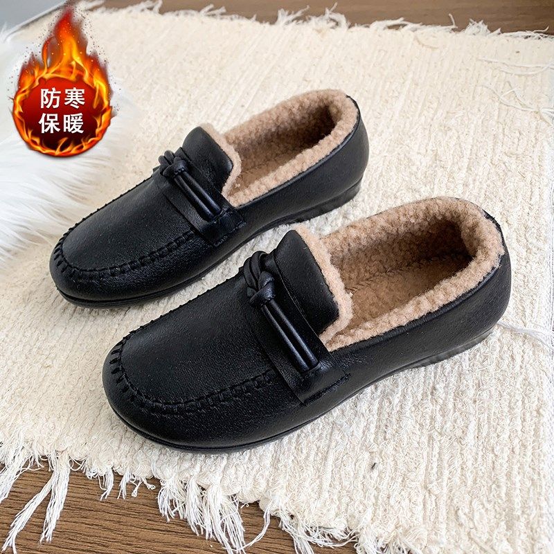 防水妈妈小棉鞋女冬季加绒保暖老人皮鞋一脚蹬防滑奶奶豆豆鞋皮面,淘宝优惠券,粉丝福利购,淘宝优惠卷