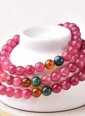 天然红碧玺手链一物一图  女三圈糖果色粉碧玺手串佛珠 水晶饰品