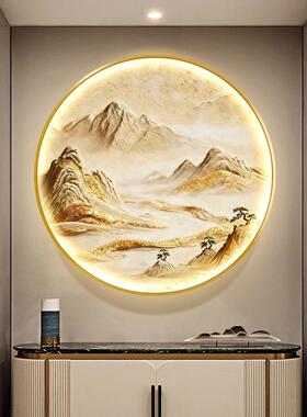 日照金山玄关装饰画圆形轻奢高级感带灯壁画立体感挂画山水砂岩画