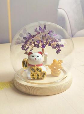 办公风格饰品好运匹秀太阳能吉祥猫桌面饰品神仙花玻璃罩
