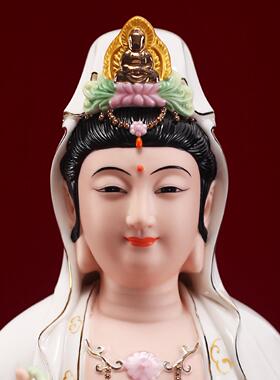陶瓷彩绘立莲南海观音菩萨佛像摆件观世音菩萨站立像家用供奉观音