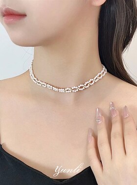 双层贝母珍珠项链女编制复古风花朵爱心吊坠锁骨链女神情人节礼物