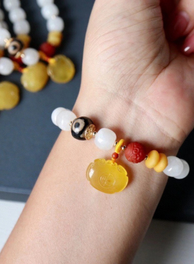 天然和田白玉手錬配老蜜朱砂双眼天珠配珠手串气质优雅女款手饰