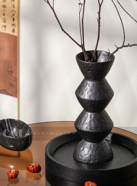 侘寂风花瓶复古怀旧鎏银黑色花瓶家居装饰品N民宿禅意手工陶瓷摆