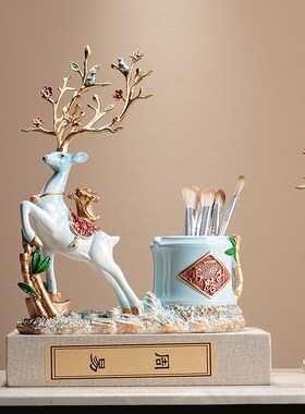 2023年新款麋k鹿摆件带毛笔筒收纳桶 书法家书房桌面实用性装饰品