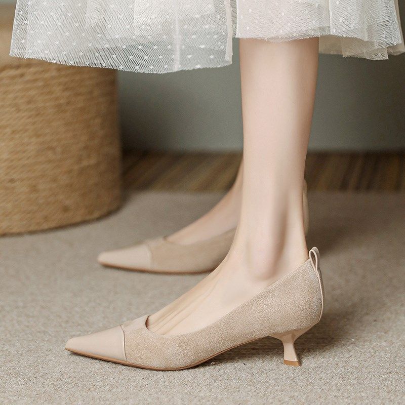 裸色尖头小跟猫跟气质软皮细跟单鞋高跟鞋女2024春夏三公分不累脚,淘宝优惠券,粉丝福利购,淘宝优惠卷