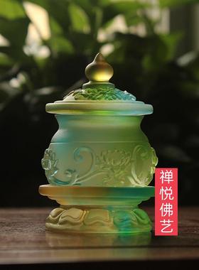 禅悦佛艺手工古法琉璃浮雕莲花圣水杯佛供用品水贡杯摆件佛前供具