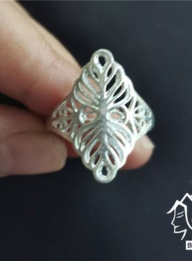 凉山彝族戒指纯银999女款手工镂空民族风羽毛个性戒指环开口复古