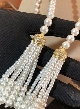 轻奢风小众叠戴多层长款流苏麦穗满钻珍珠项链复古毛衣链高级感女