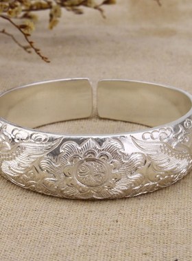 宽银手镯老式熟真999纯银手工定做订制年轻女士宽版面款时尚扁园