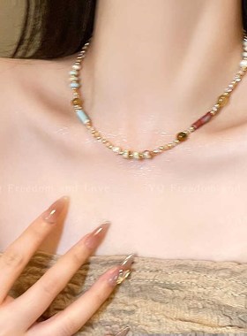 民族风彩色琉璃米珠串珠项链锁骨链女2024新款新中式复古小众配饰