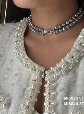 消失的她倪妮款烟灰色珍珠双层项链镶钻吊坠颈链女轻奢港风锁骨链