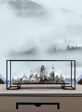 新中式玄关水墨假山摆件样板房A售楼部软装客厅博古架展示台装饰