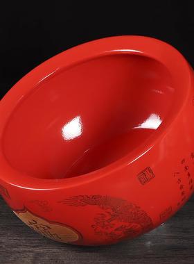 景德镇陶瓷鱼缸黄红色聚宝盆金鱼乌龟缸桌面玄关风水摆件招财进宝