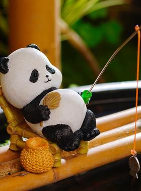 钓鱼饰品创意熊猫古法鱼缸水族装饰景观假山流水装置鱼塘装饰