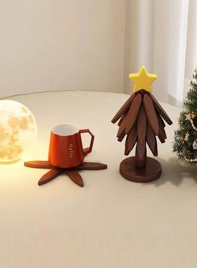 高端圣诞树隔热垫桌装饰创意树实木防烫锅垫折叠杯垫碗垫