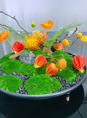 高档酒店转盘中间摆花大圆餐桌装饰摆件包厢餐桌花苔藓微景观花艺