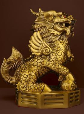 全铜麒麟一对纯黄铜大中号公母踩八卦元宝铜器招财镇宅办公室摆件