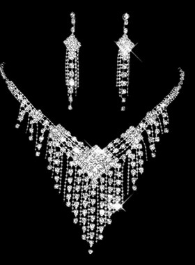 韩式新娘水钻爪钻项链耳环二件套装婚纱礼服配饰舞台宴会银色套链