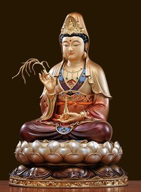 台湾纯铜观音菩萨佛像家用供奉太古彩绘观音铜像娑婆三圣客厅摆件