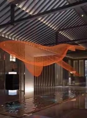 不锈钢铁艺镂空鲸鱼雕塑海豚网格酒店展厅海洋动物悬吊装饰品定制