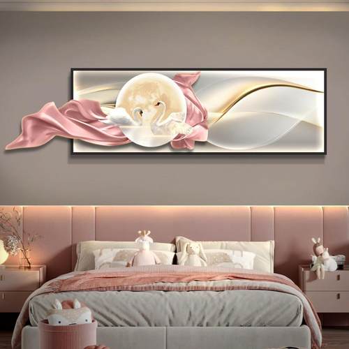 主卧床头挂画现光灯画客厅轻奢天鹅高级感卧室背景墙装饰壁画 - 图2