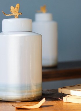 新中式水墨d陶瓷摆件储物罐家居饰品样板房玄关配饰陶瓷罐软装饰